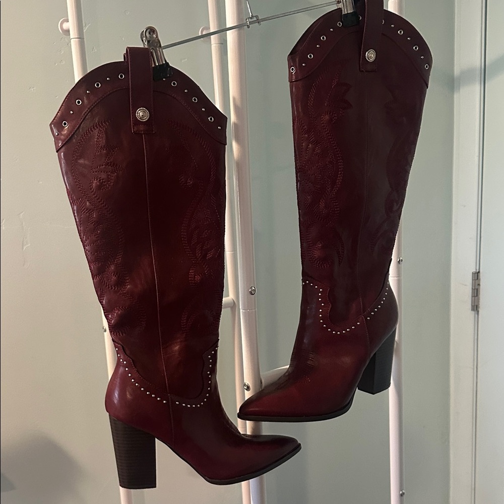 Tall Burgundy Western Block-Heel Boots with Stud Detail